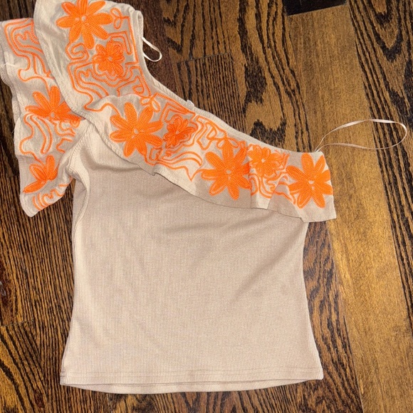 Anthropologie Dolan One-Shoulder Dress in Tan with Orange Floral Accents - Picture 5 of 5